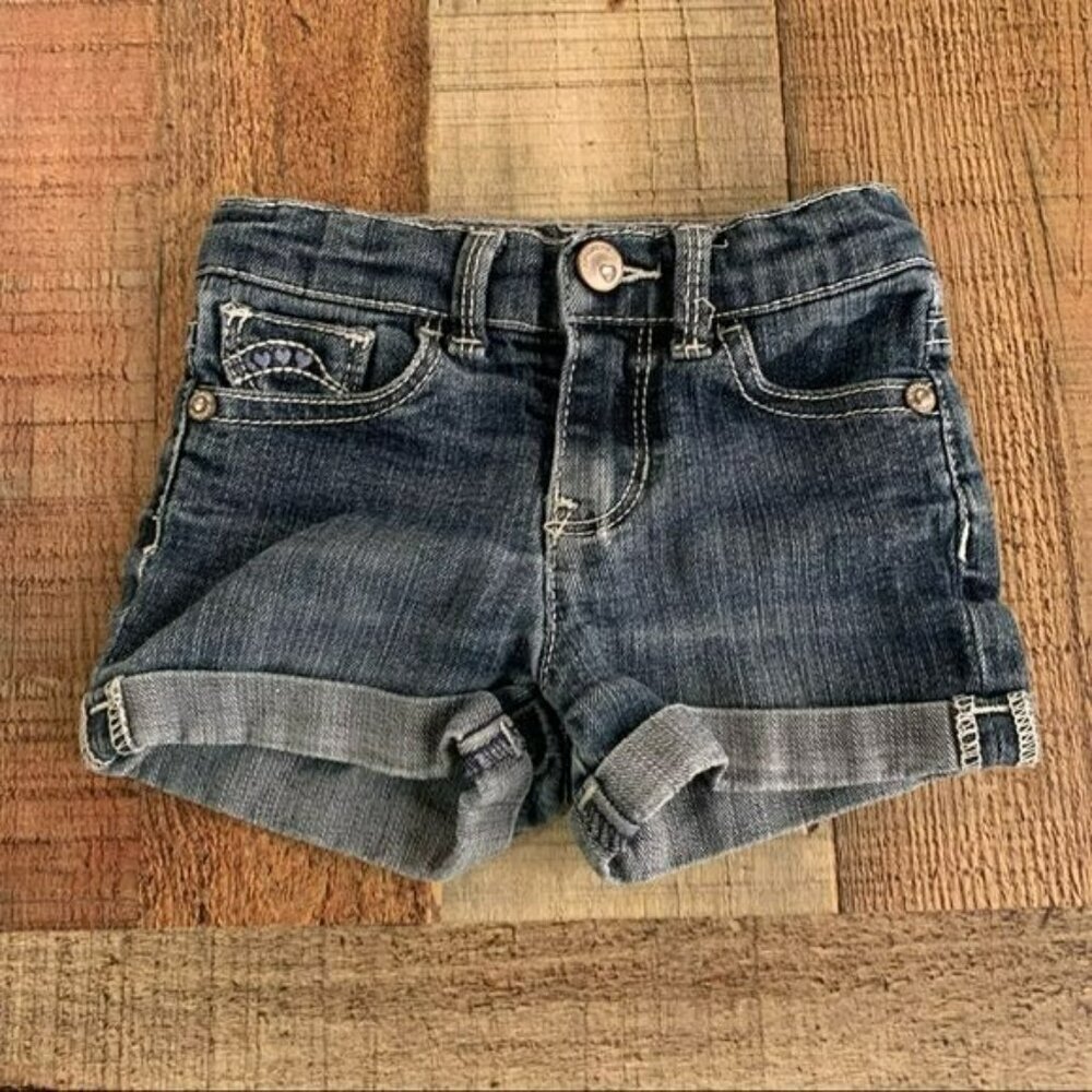 Jordache toddler girls size 18M cuffed denim shorts dark blue heart embroidery